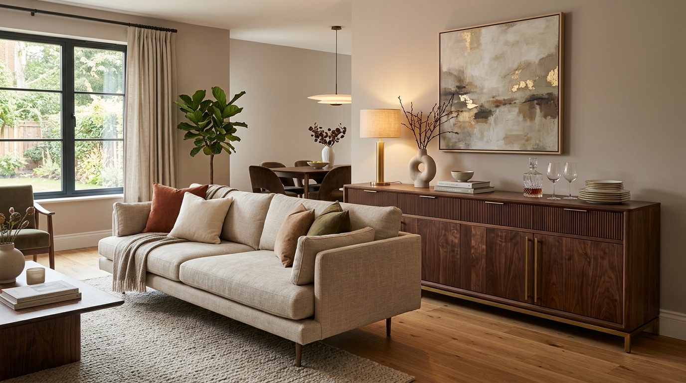 Place a Slim Credenza Behind the Couch for Dual Storage