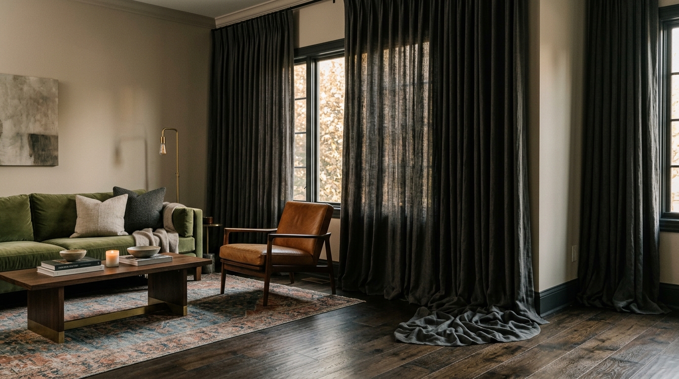 Soft Pleated Linen Drapery in Charcoal
