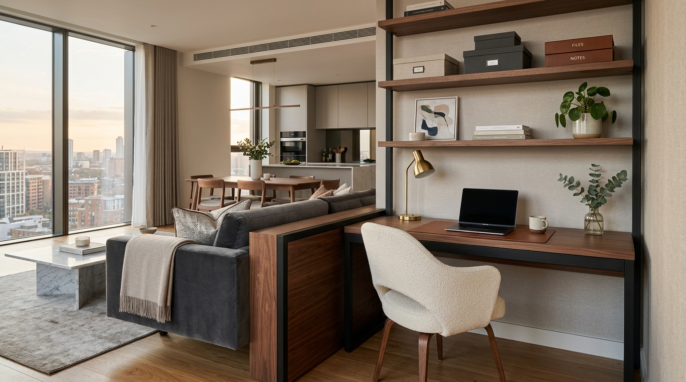 Tuck a Compact Desk Behind the Sofa for a Multi-Use Zone