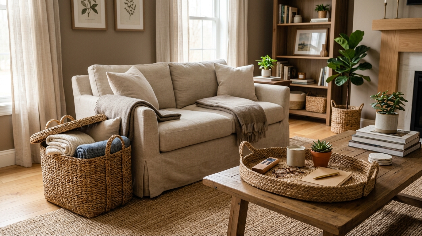 Use Woven Seagrass Baskets to Hide Everyday Clutter