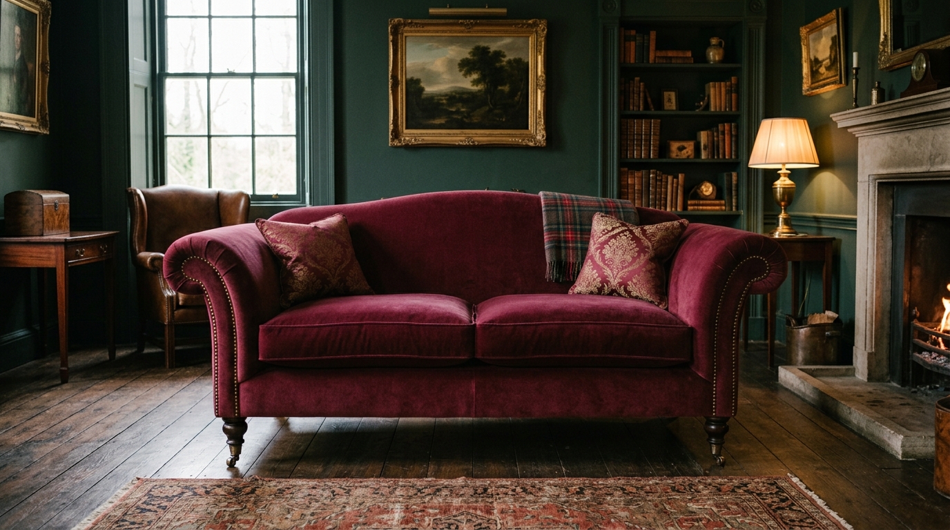 Vintage Velvet Roll-Arm Sofas in Rich Merlot