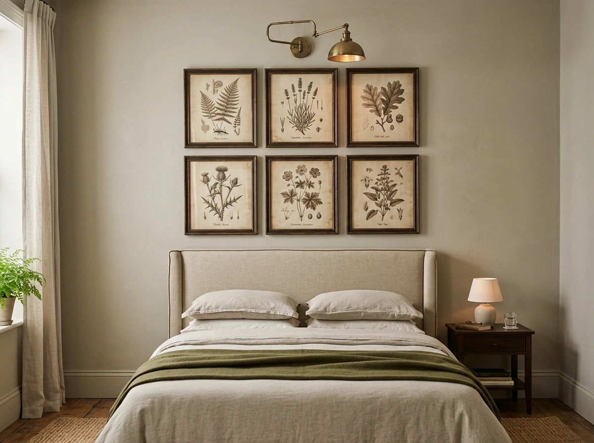 A Considered Fall Gallery Above The Bed With Antique Botanical Prints