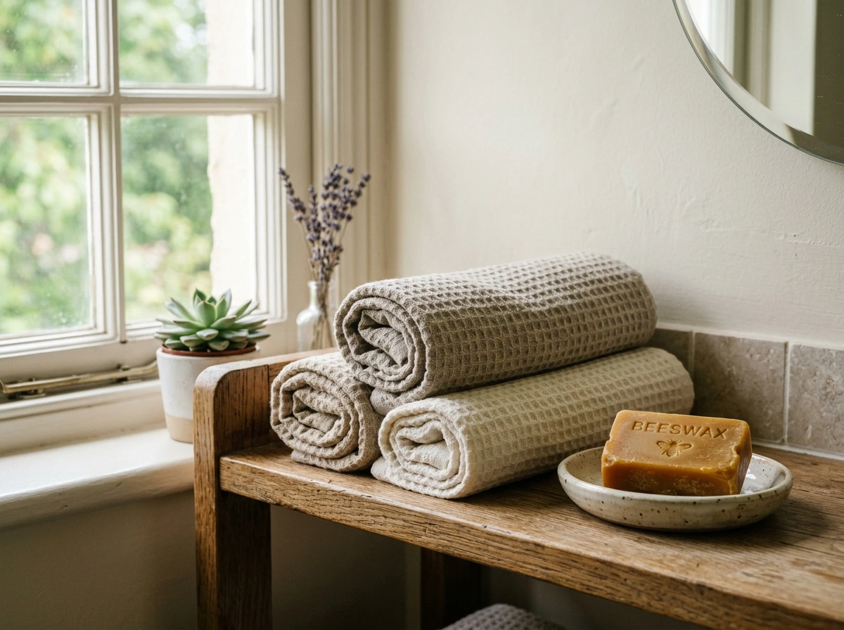 A Cottagecore Fall Bathroom with Linen Towels and Beeswax Soap