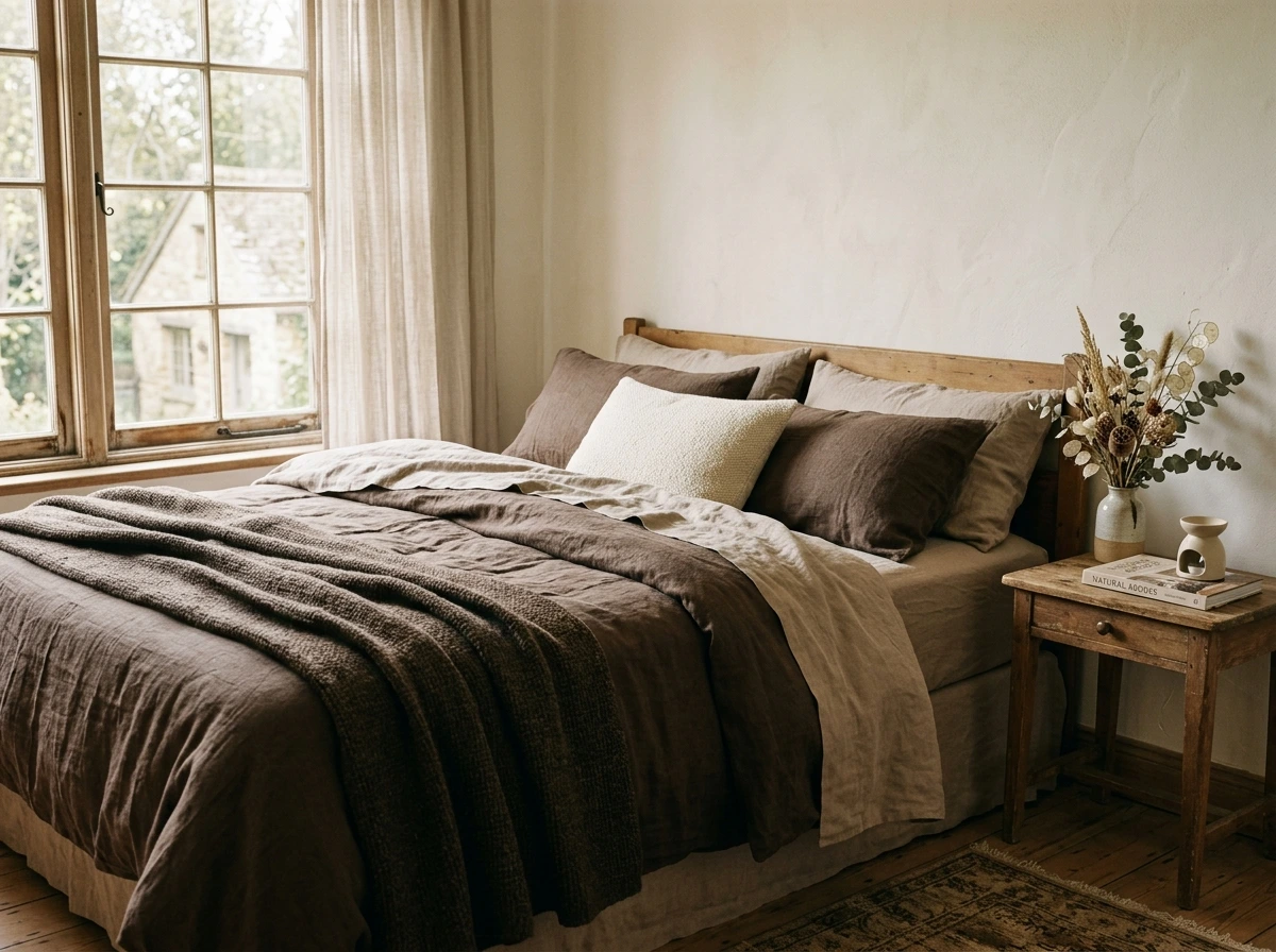 A Cottagecore Fall Bedroom with Linen Bedding and Dried Blooms