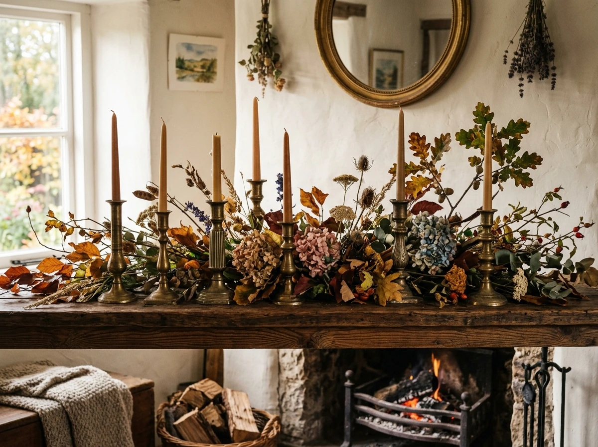 A Cottagecore Fall Mantel with Candlesticks and Foliage