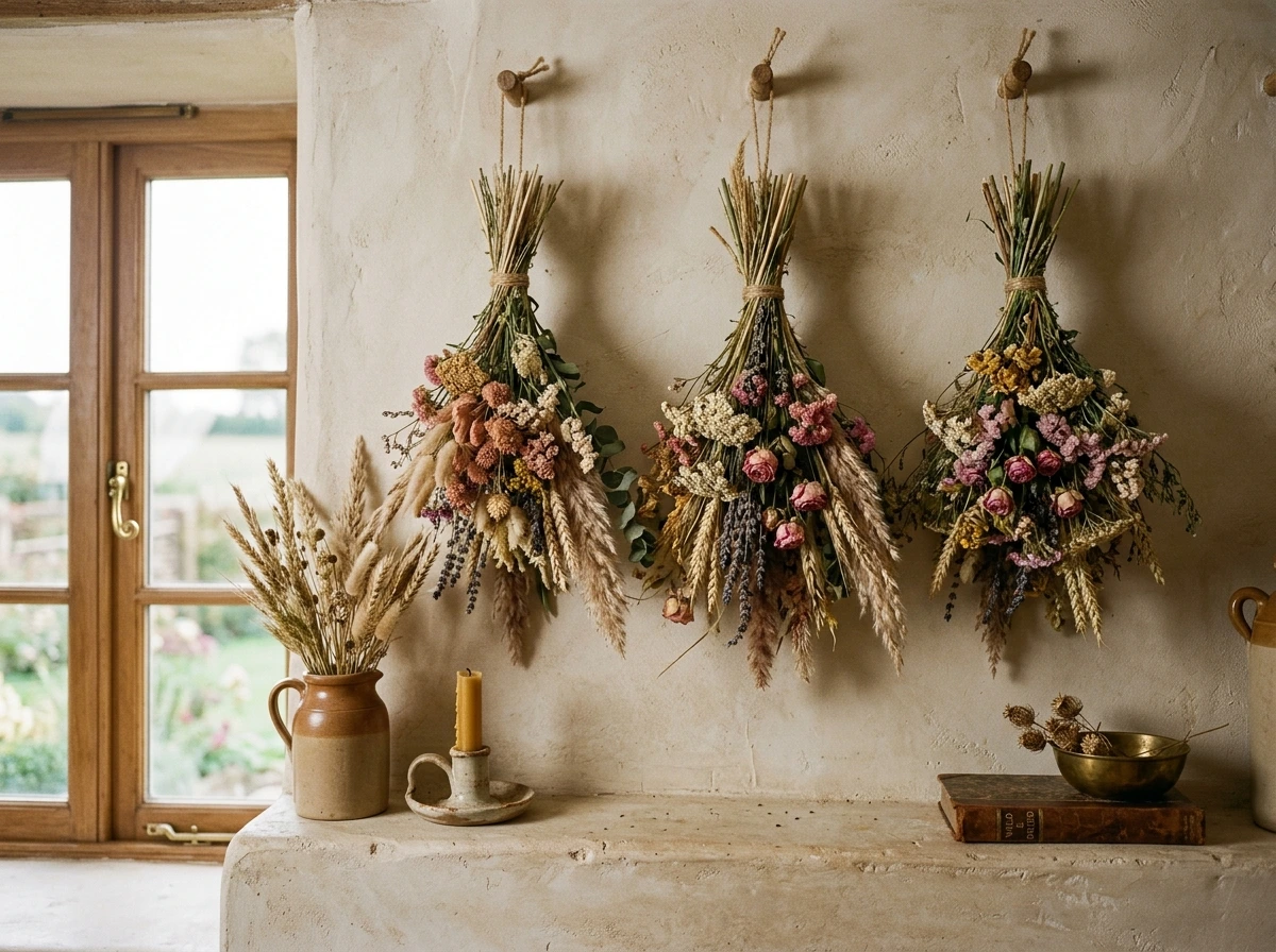 A Dried Wildflower Bundle Display Above a Farmhouse Mantel
