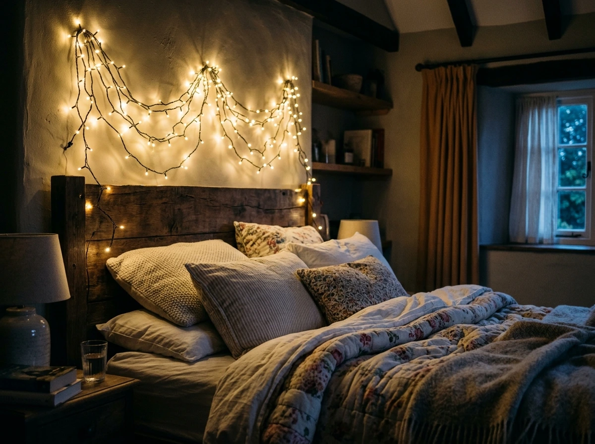 A Fairy Light Canopy Over the Cottage Bedroom Bed