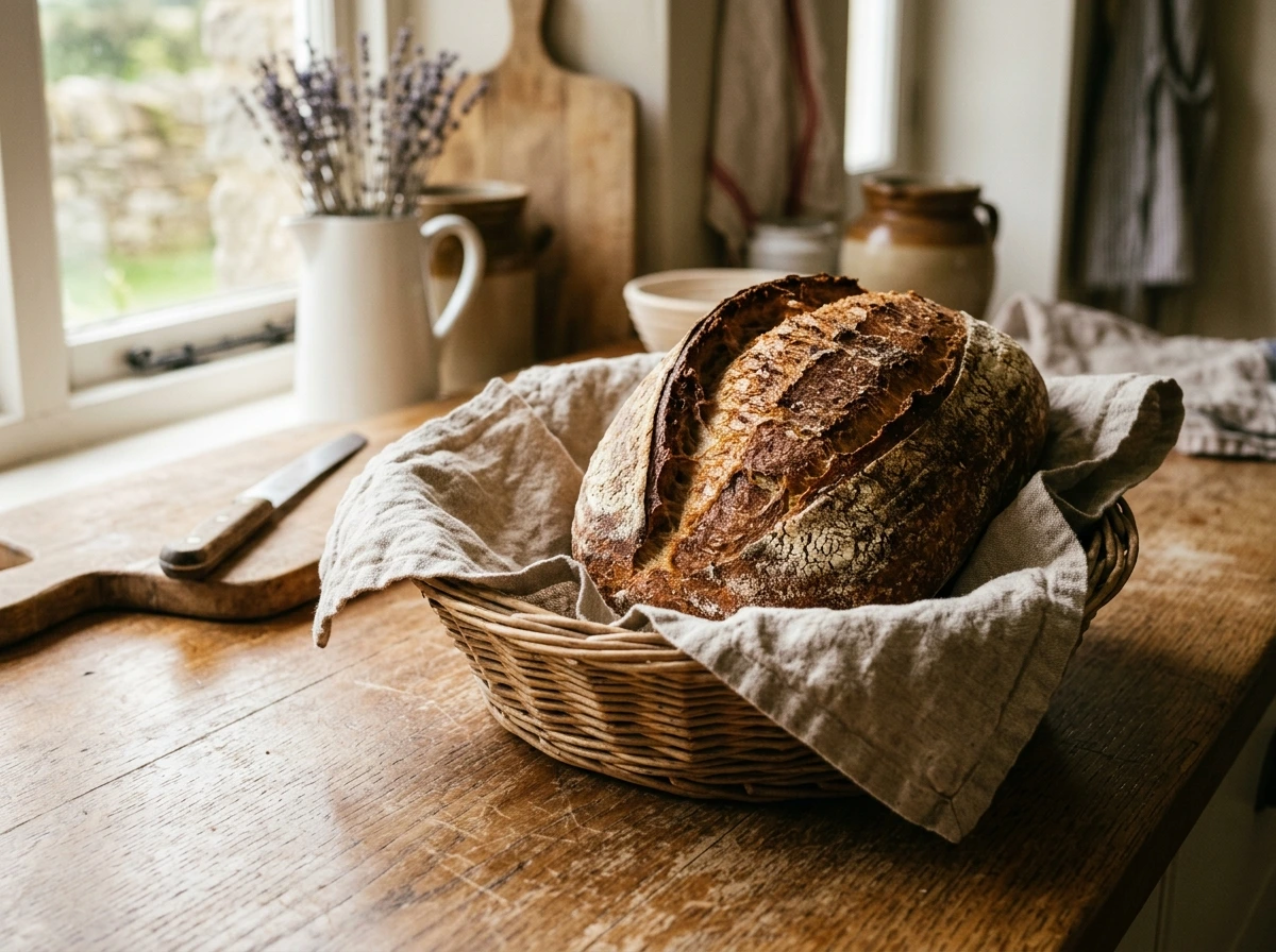 A Fall Bread Basket and Linen Cloth on the Counter