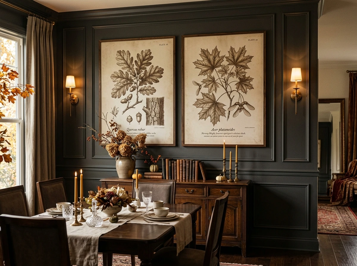 A Fall Dining Room Gallery Moment With Oversized Botanical Art