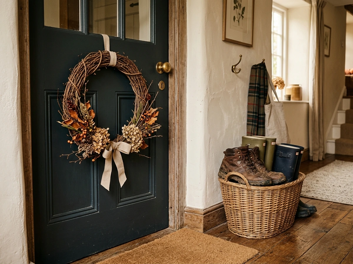 A Fall Entryway with a Foraged Wreath and Woven Basket