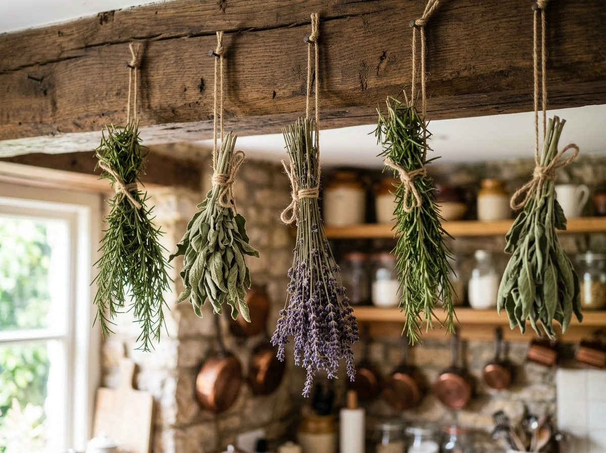 A Fall Herb Bundle Hanging in the Kitchen