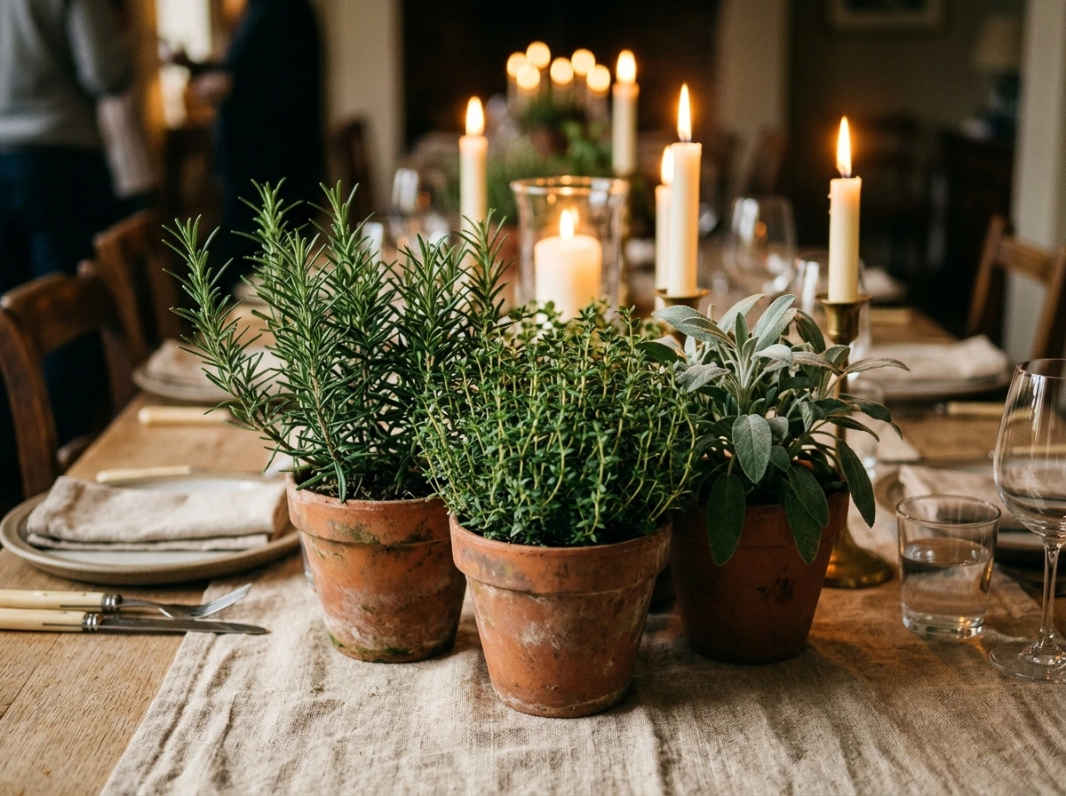 A Fall Herb Pot Cluster as a Living Centerpiece