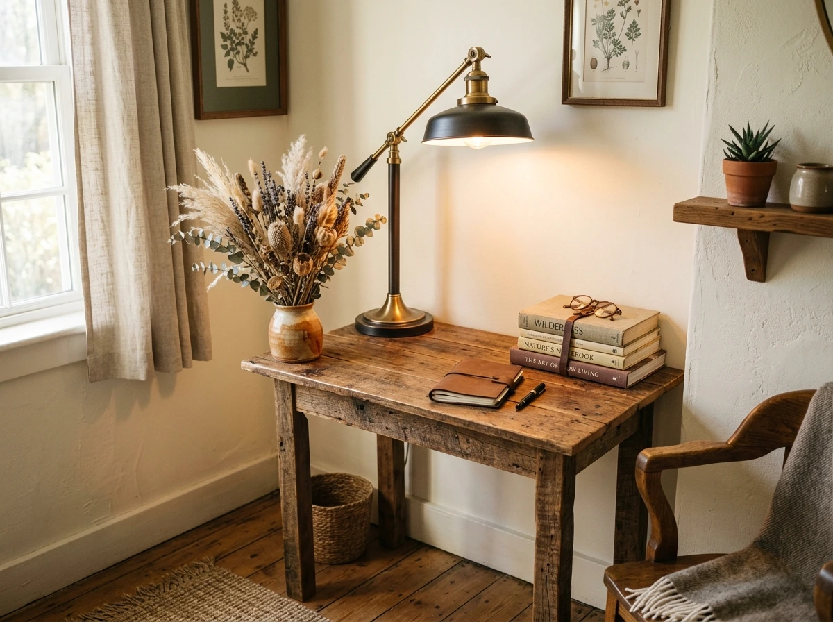 A Fall Home Office Nook with Natural Wood and Warm Lighting