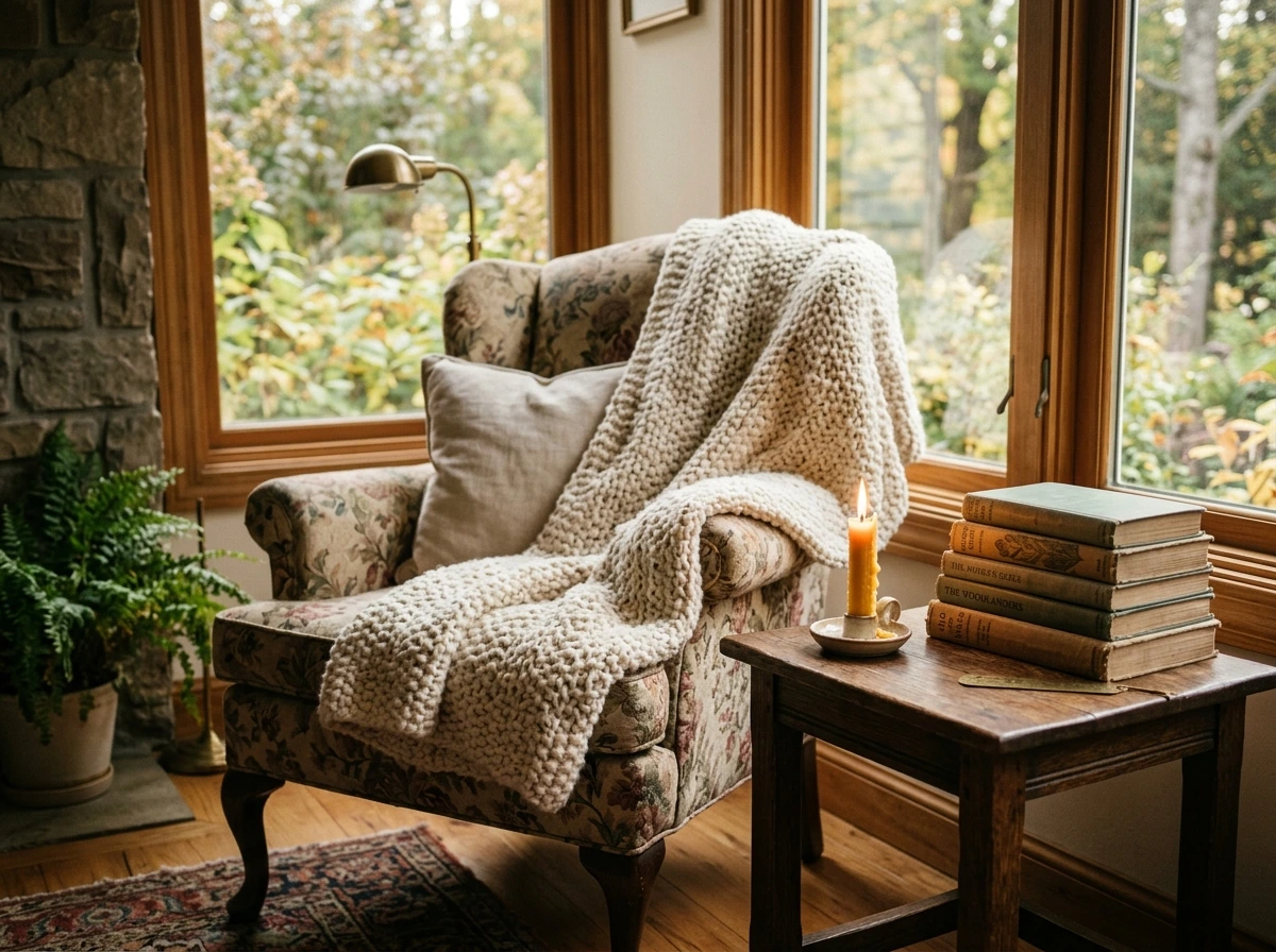 A Fall Reading Nook with a Knit Throw and Candlelight
