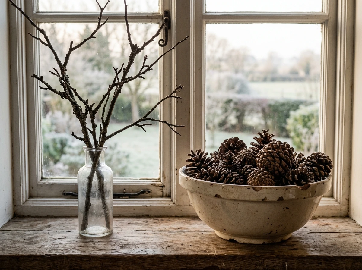 A Foraged Branch and Pinecone Vignette for Fall Windowsills