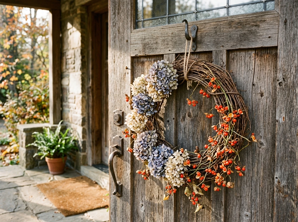 A Foraged Fall Wreath on a Reclaimed Wood Door