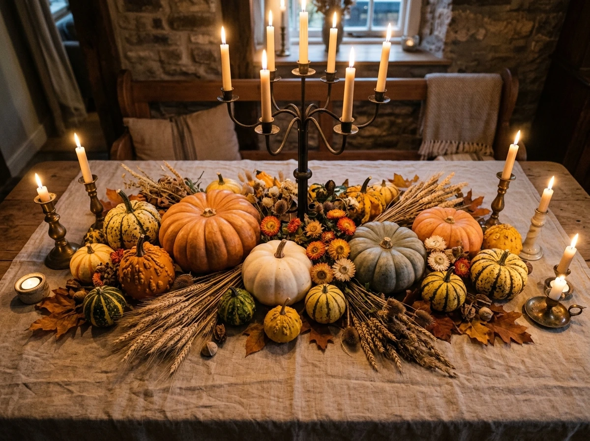 A Foraged Pumpkin and Gourd Table Arrangement