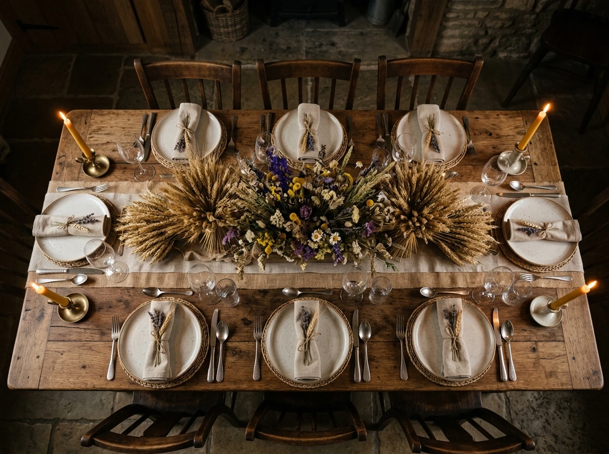 A Wildflower and Wheat Sheaf Dining Centerpiece