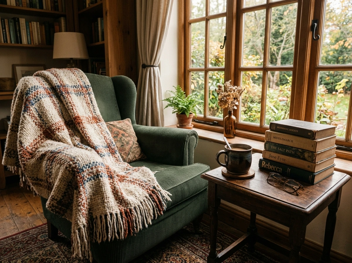 A Wool Throw and Ceramic Mug Reading Nook