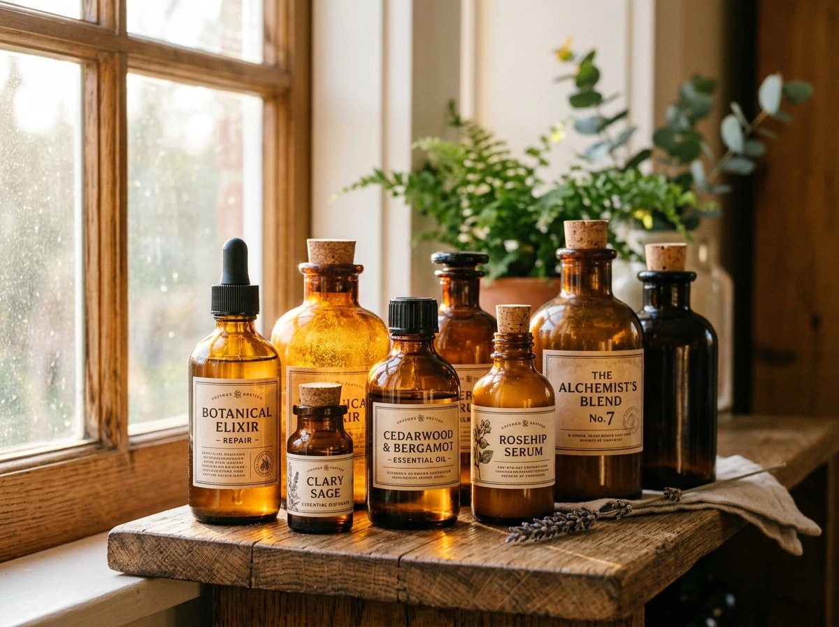 Amber Bottle Collection Shelf for Warm, Glass-Filtered Light