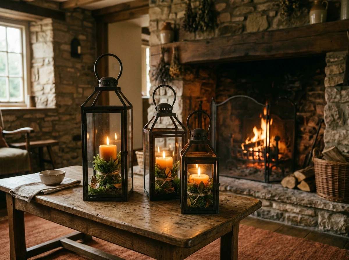 An Iron Lantern Cluster with Beeswax Candles and Moss