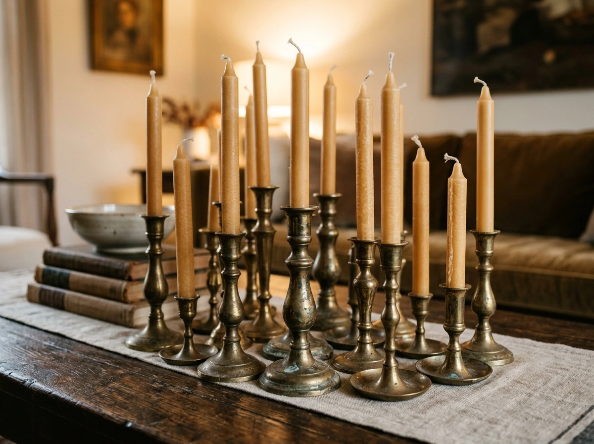Antiqued Brass Candlestick Fall Arrangement For Living Spaces