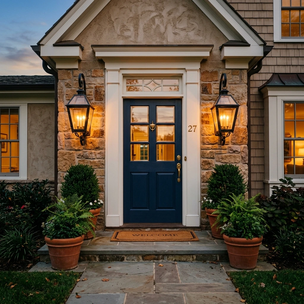 Black Metal Lantern Pair Flanking the Front Door