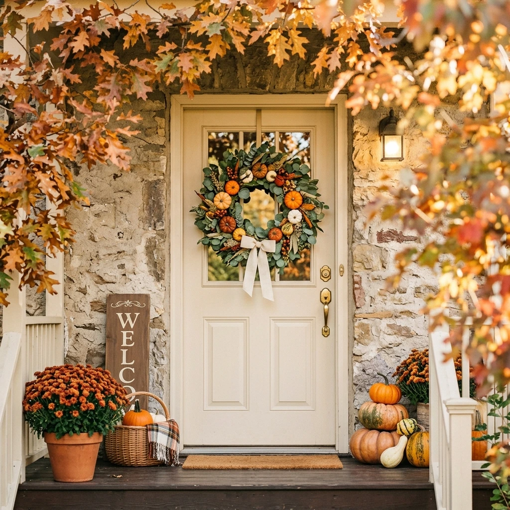 Classic Eucalyptus and Pumpkin Fall Wreath for a Timeless Front Door