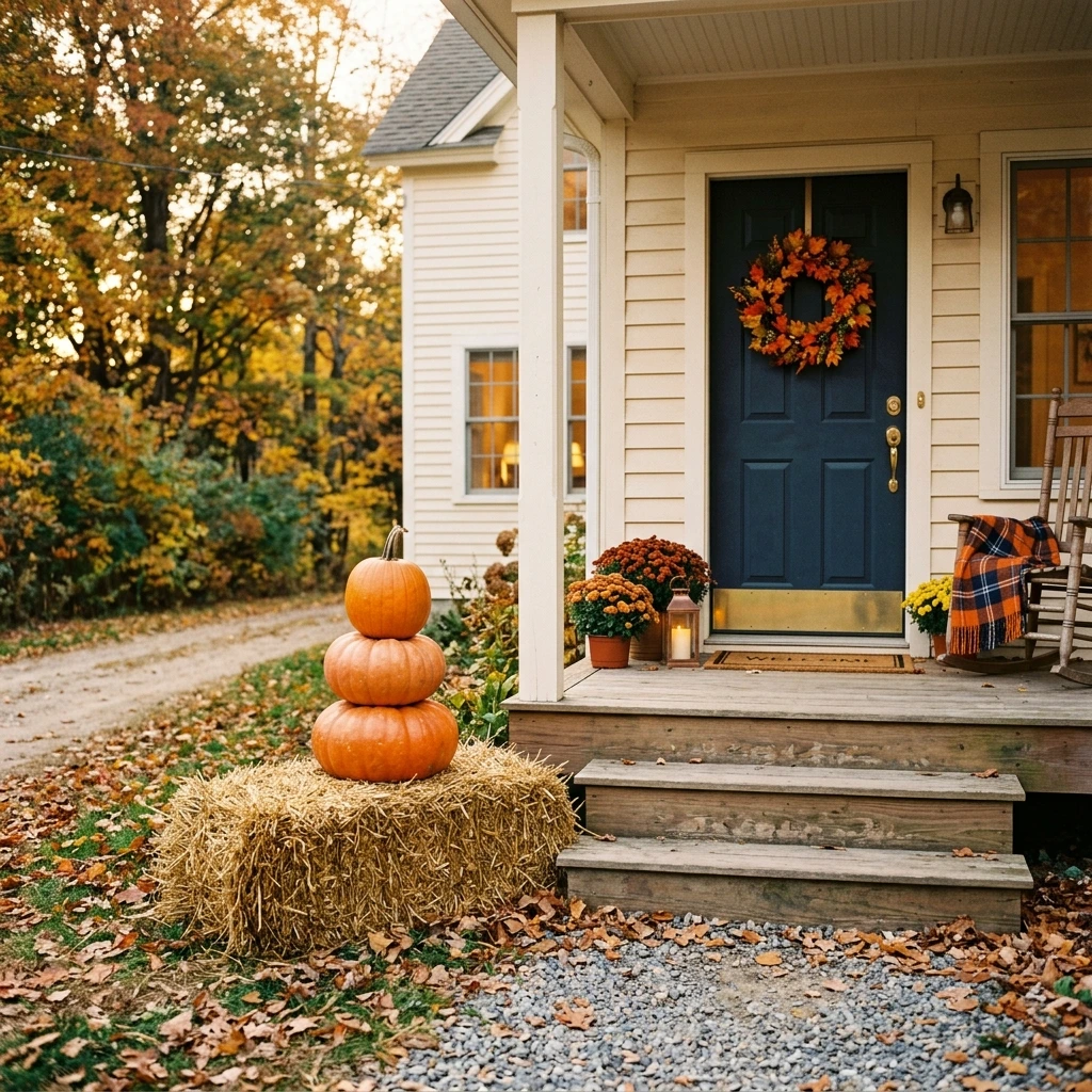 Classic Hay Bale and Pumpkin Stack Beside the Front Steps
