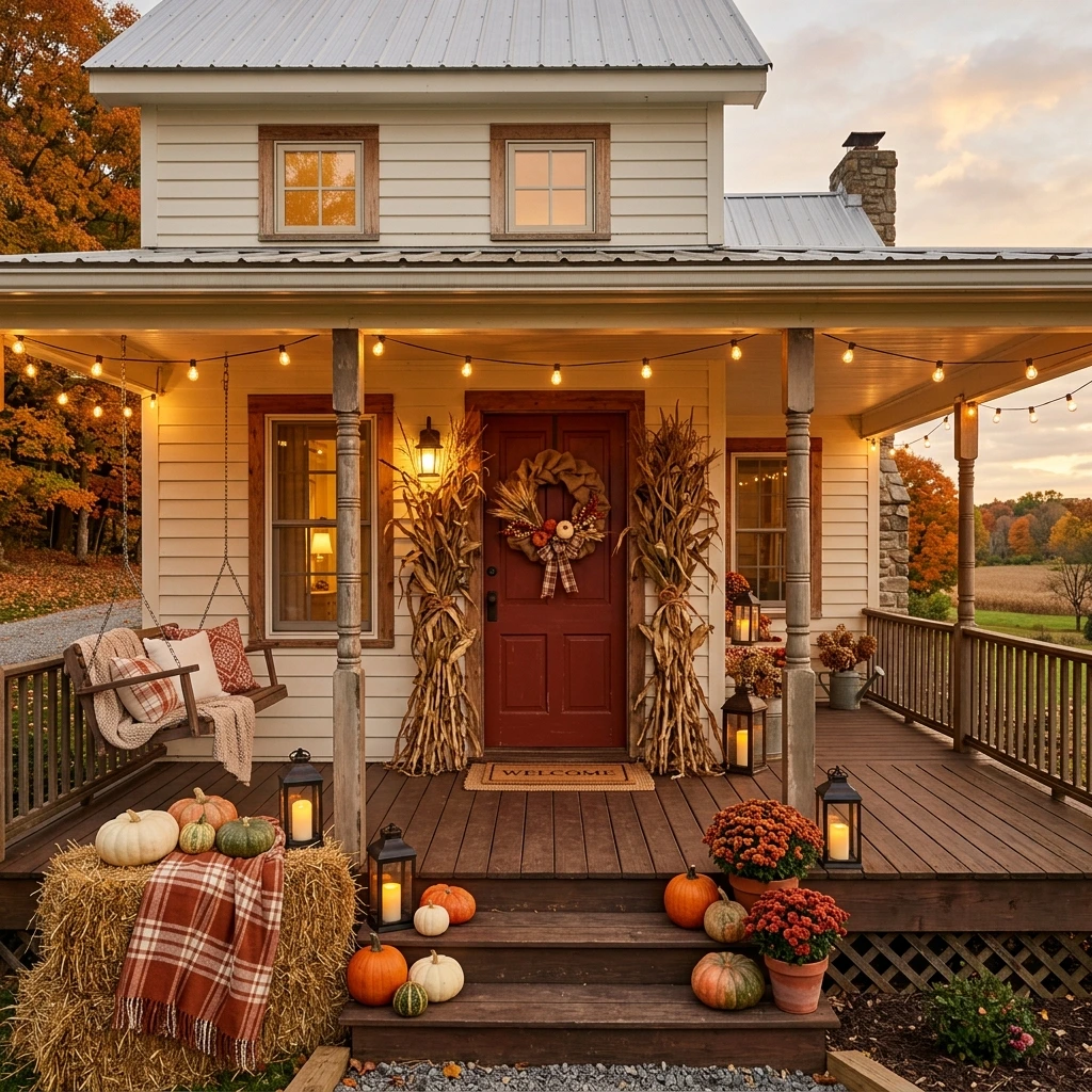 Complete Farmhouse Fall Porch Vignette With Cornstalks and Lanterns