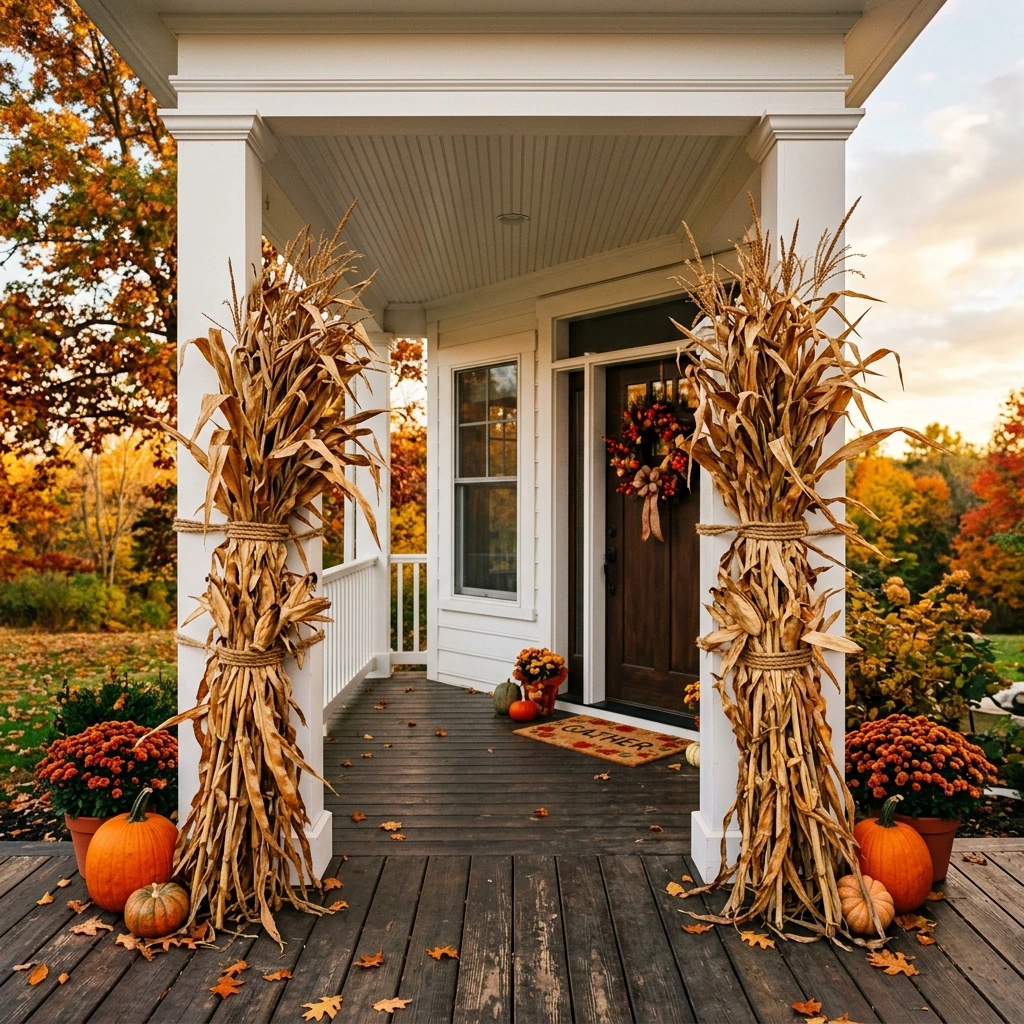 Cornstalk Bundles Flanking the Porch Columns