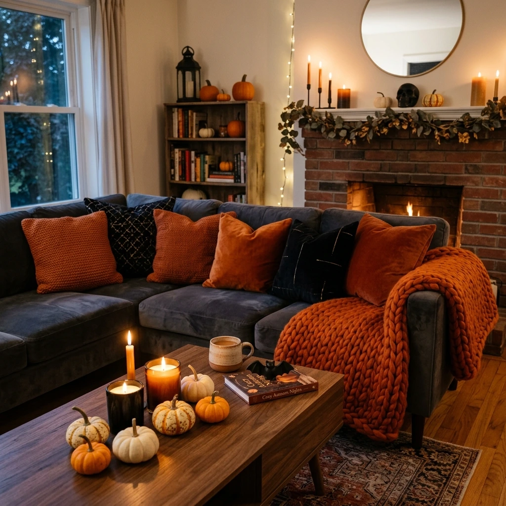 Cozy Halloween Living Room Decor With Black and Orange Accents
