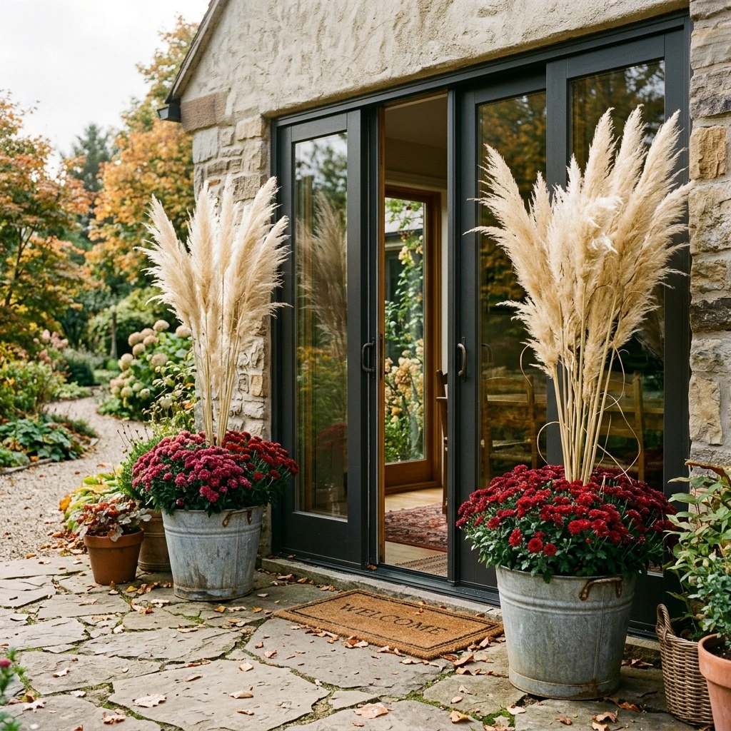 Display a Mums and Pampas Grass Patio Setup