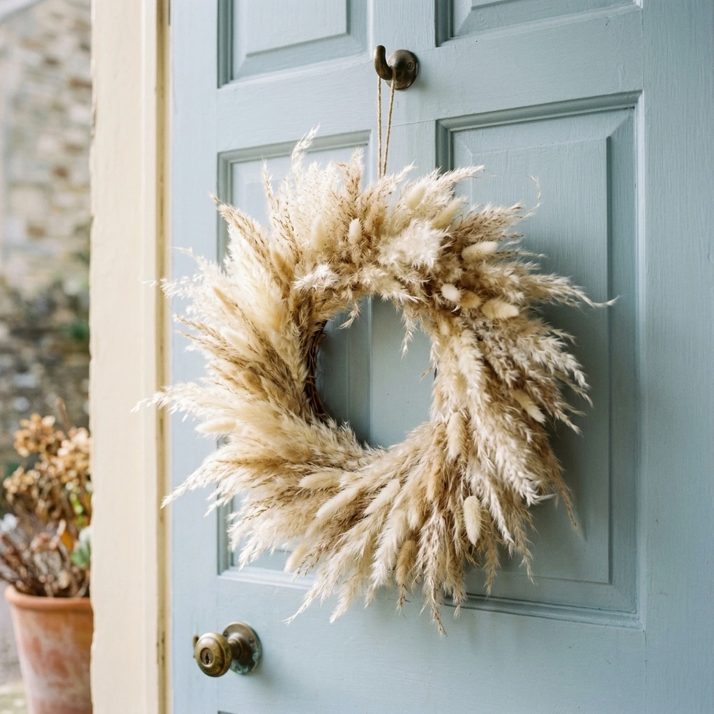 Dried Pampas Grass Wreath for a Soft Neutral Fall Look