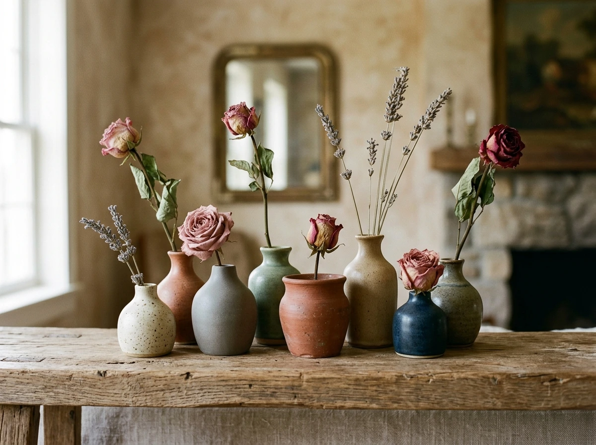 Dried Rose and Lavender in Clay Vases