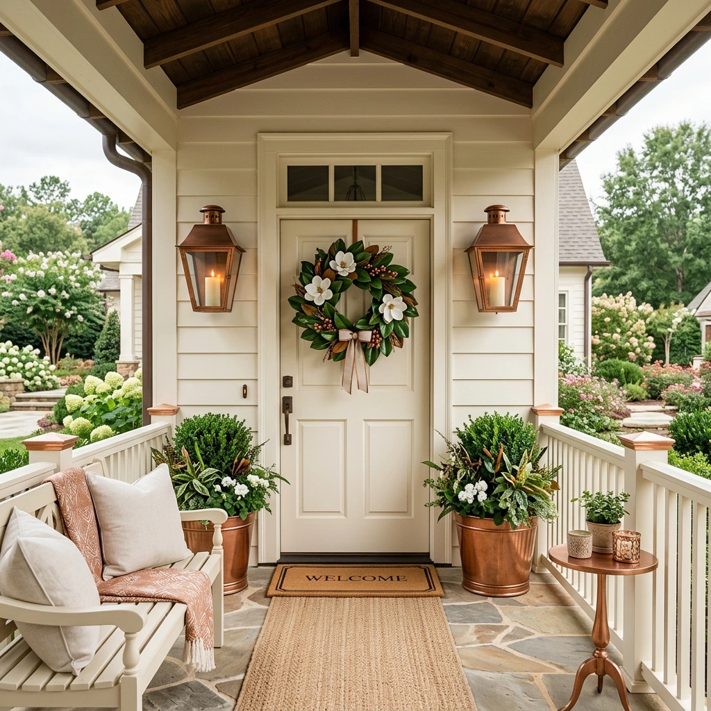 Elegant Old-Money Fall Porch in Cream and Copper Tones