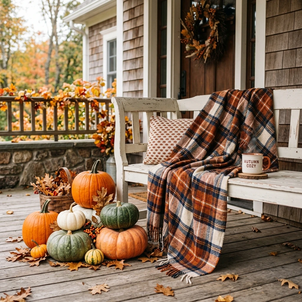 Entry Bench Dressed in Flannel Throws and Pumpkins