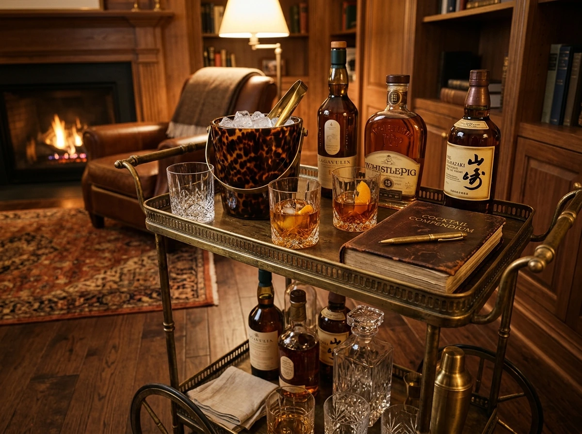 Fall Bar Cart In The Old Money Tradition With Aged Spirits And Crystal Glassware