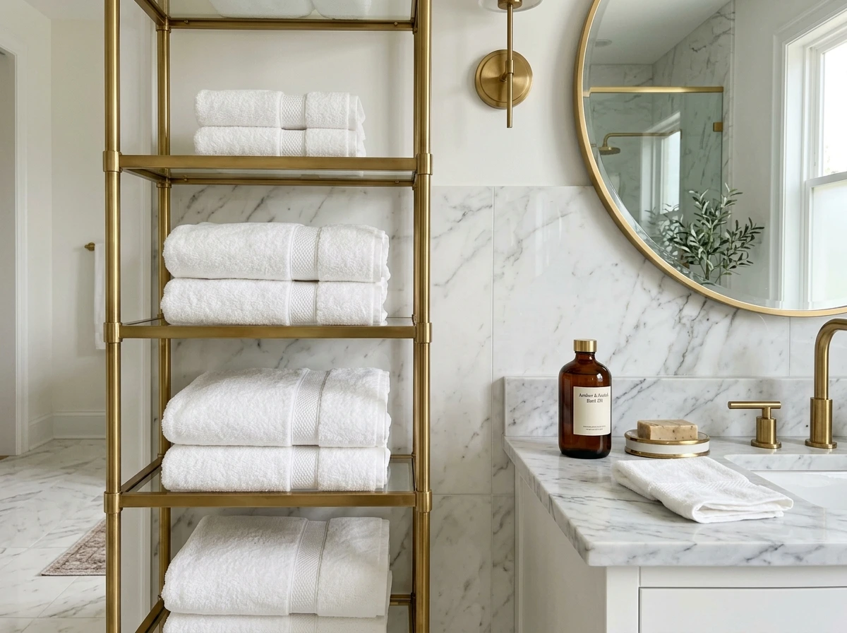 Fall Bathroom In The Old Money Tradition With Marble And Aged Brass