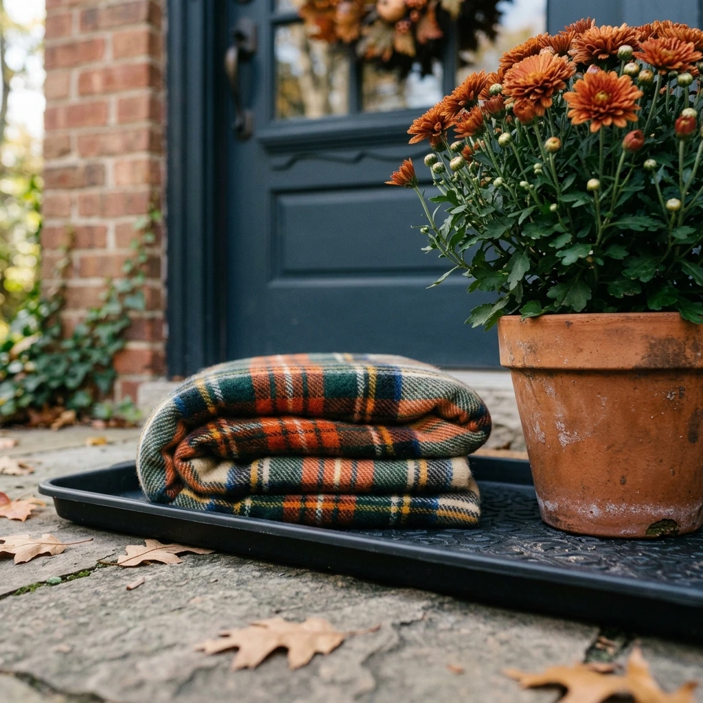 Fall Boot Tray Styled With Plaid and Greenery
