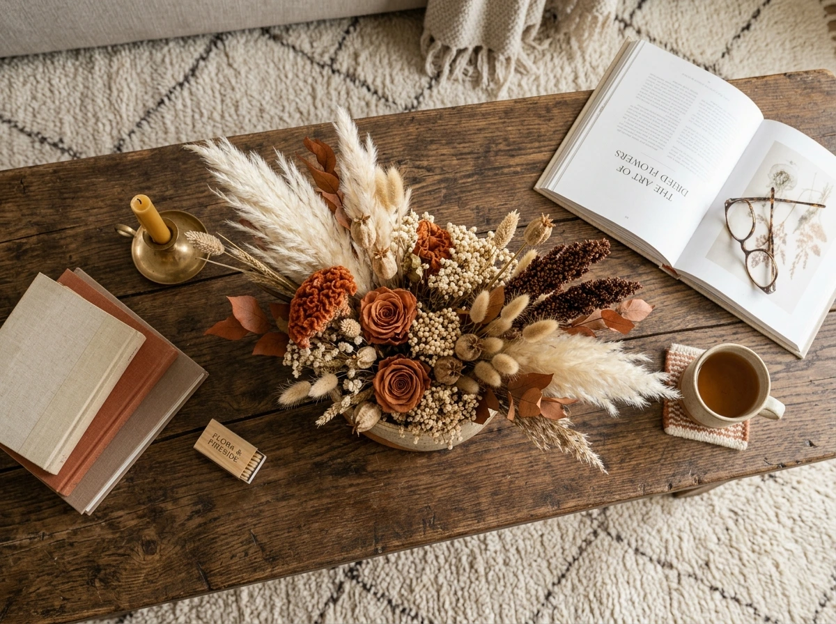 Fall Dried Flower Coffee Table Arrangement for Softness and Color