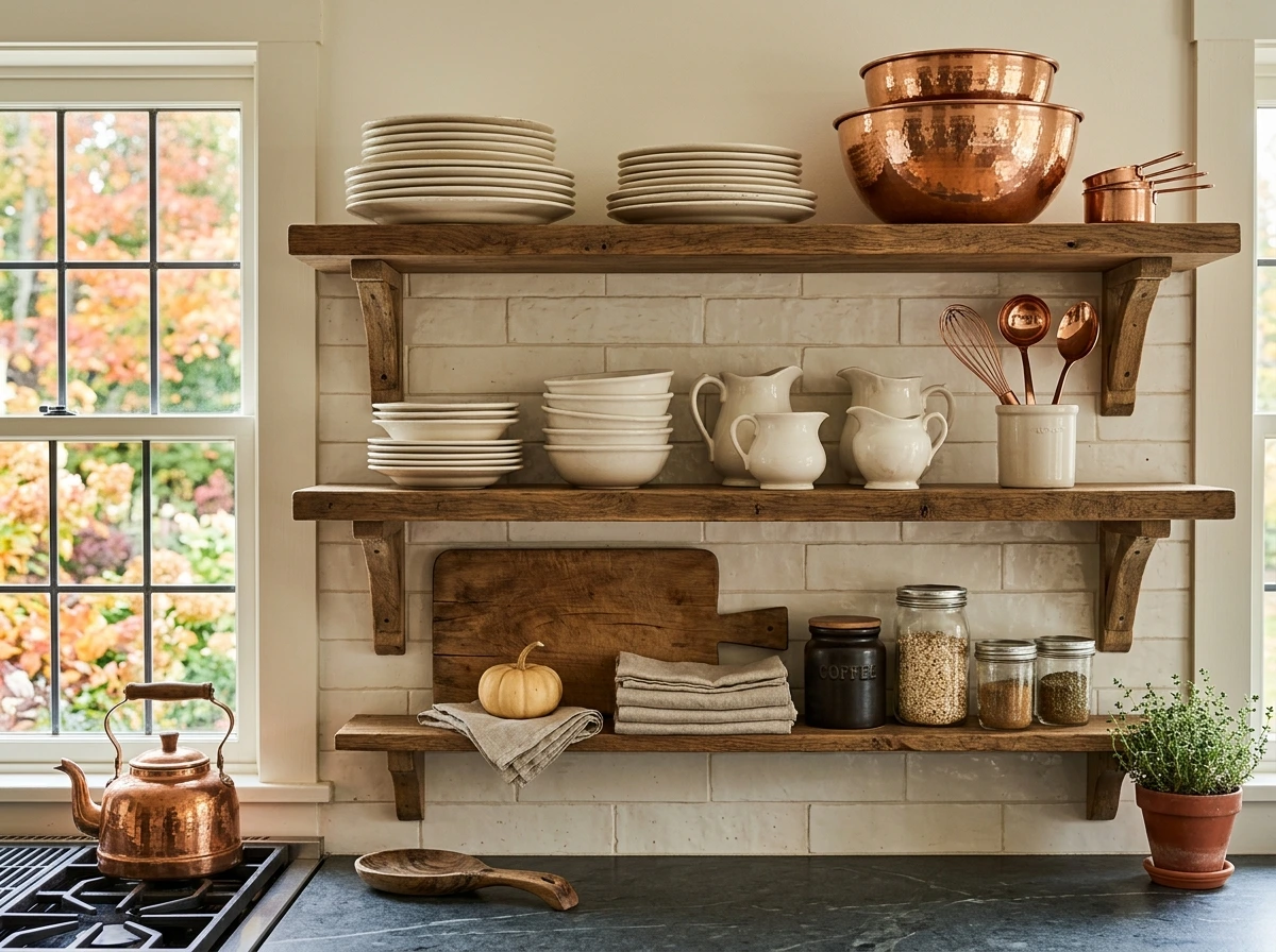 Fall Kitchen Open Shelving In The Old Money Farmhouse Style