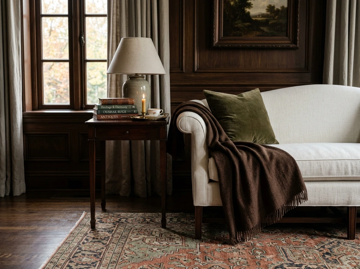 Fall Living Room With Heritage Wool Throws And Dark Walnut Accents