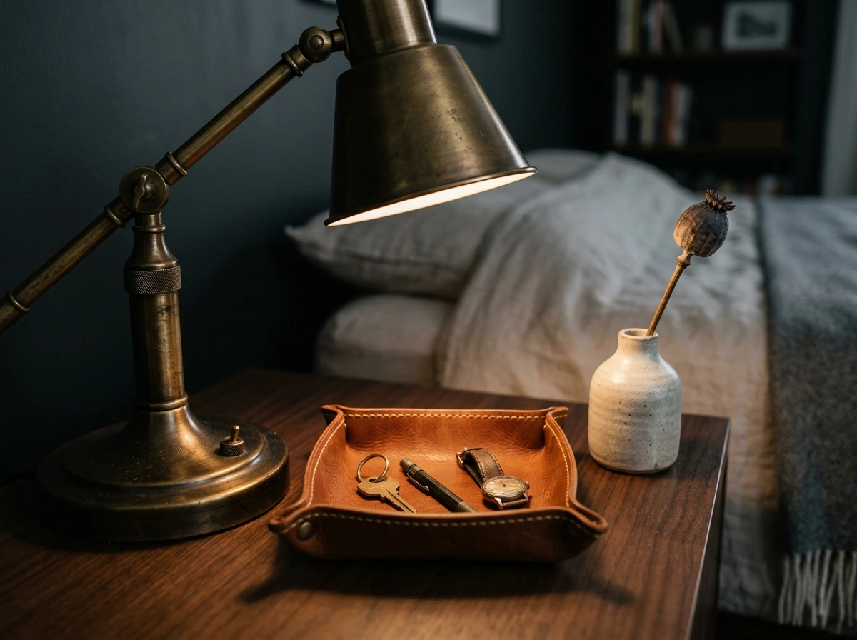 Fall Nightstand Vignette With Leather, Brass, And A Single Dried Stem