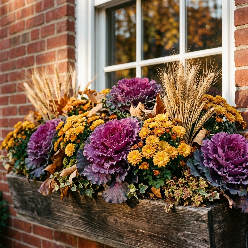 Fall Window Box Styled With Ornamental Kale and Mums