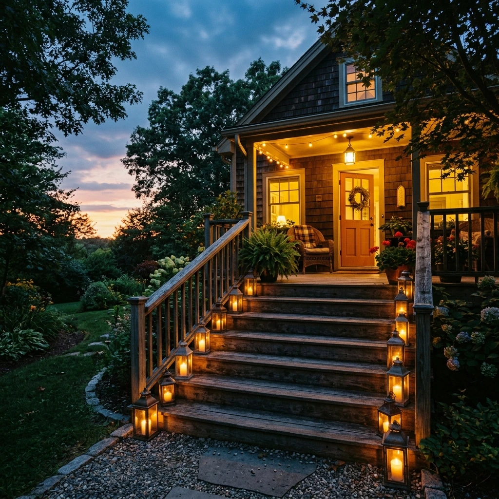 Flickering Candle Lanterns Lining the Porch Steps