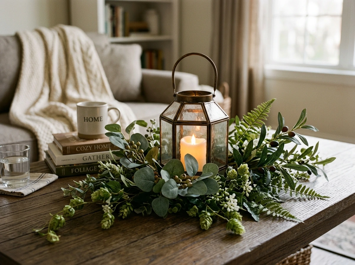 Foliage and Lantern Coffee Table for a Warm, Layered Center