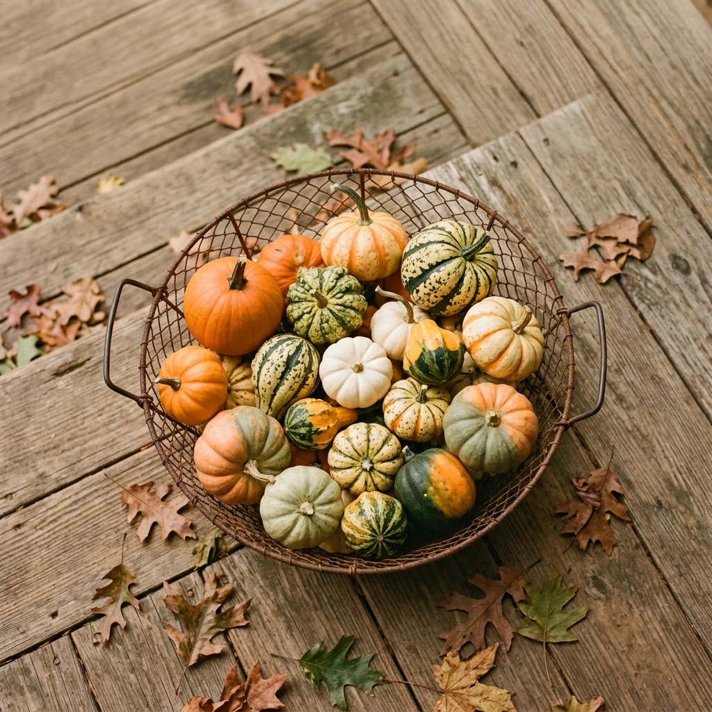 Gourd and Squash Cluster in a Vintage Wire Basket