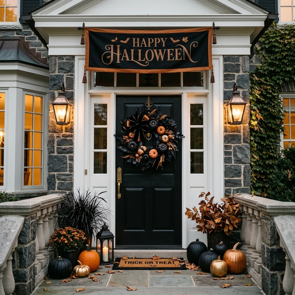 Halloween Door Decorations With Wreaths and Banners