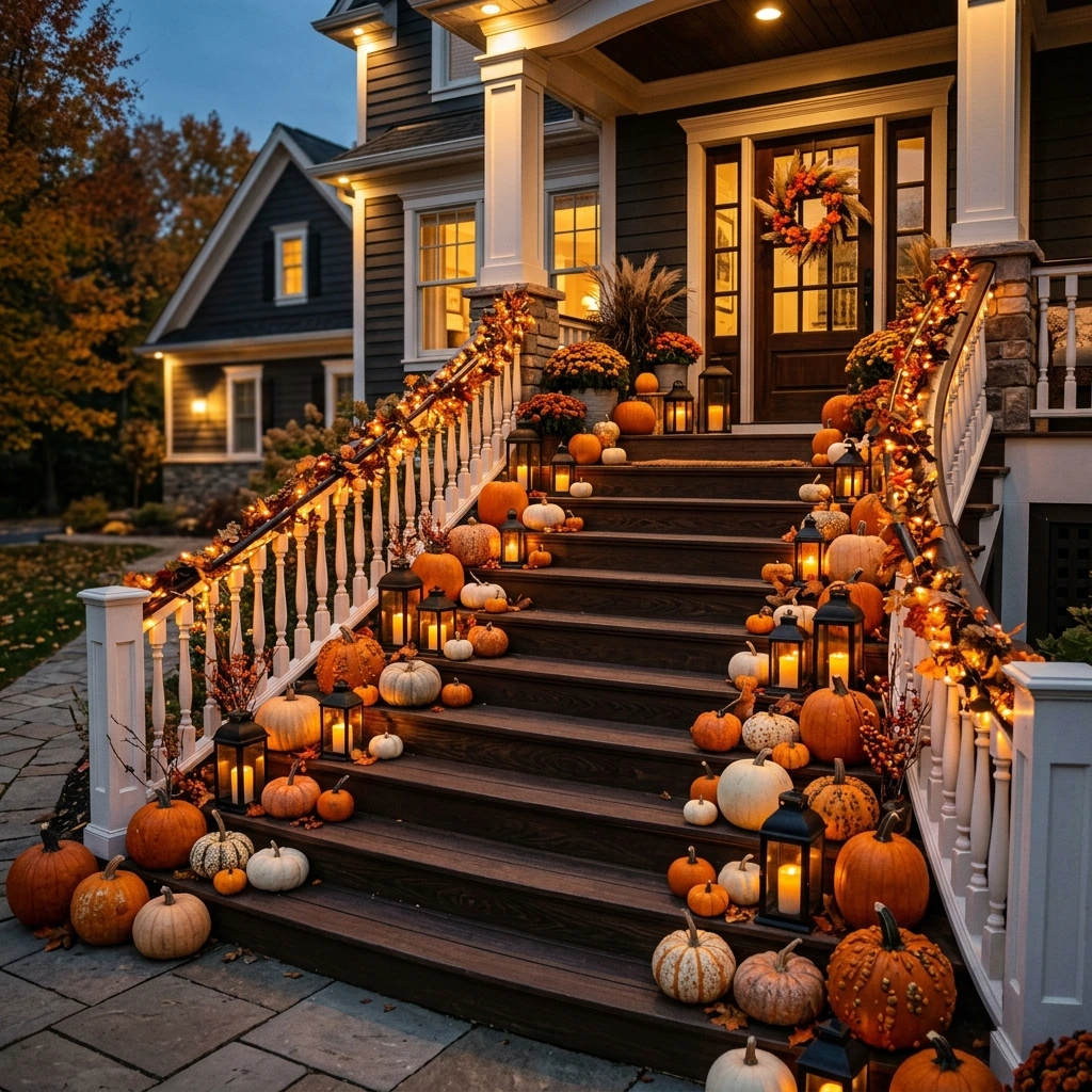 Halloween Porch Steps With String Lights and Pumpkins